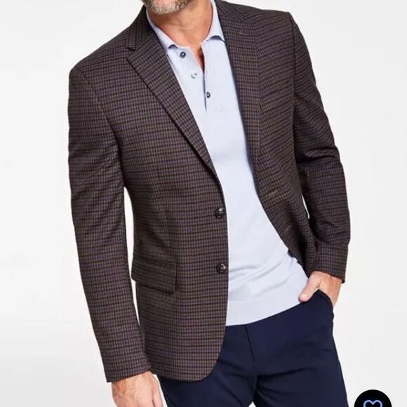 Tommy Hilfiger Men's Modern-Fit Burgundy/Brown Check Plaid Blazer, 38 REG - Picture 1 of 10